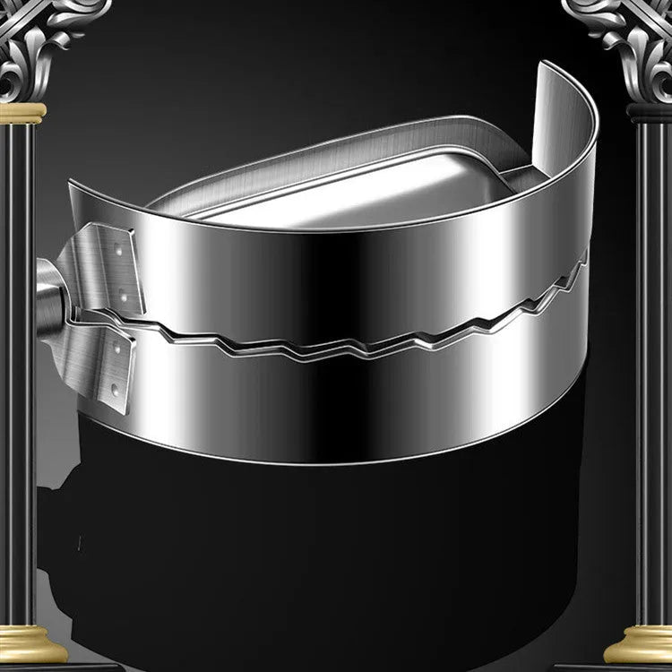 Silver stainless steel manual dumpling maker mould with handle for pressing and cutting wrappers.