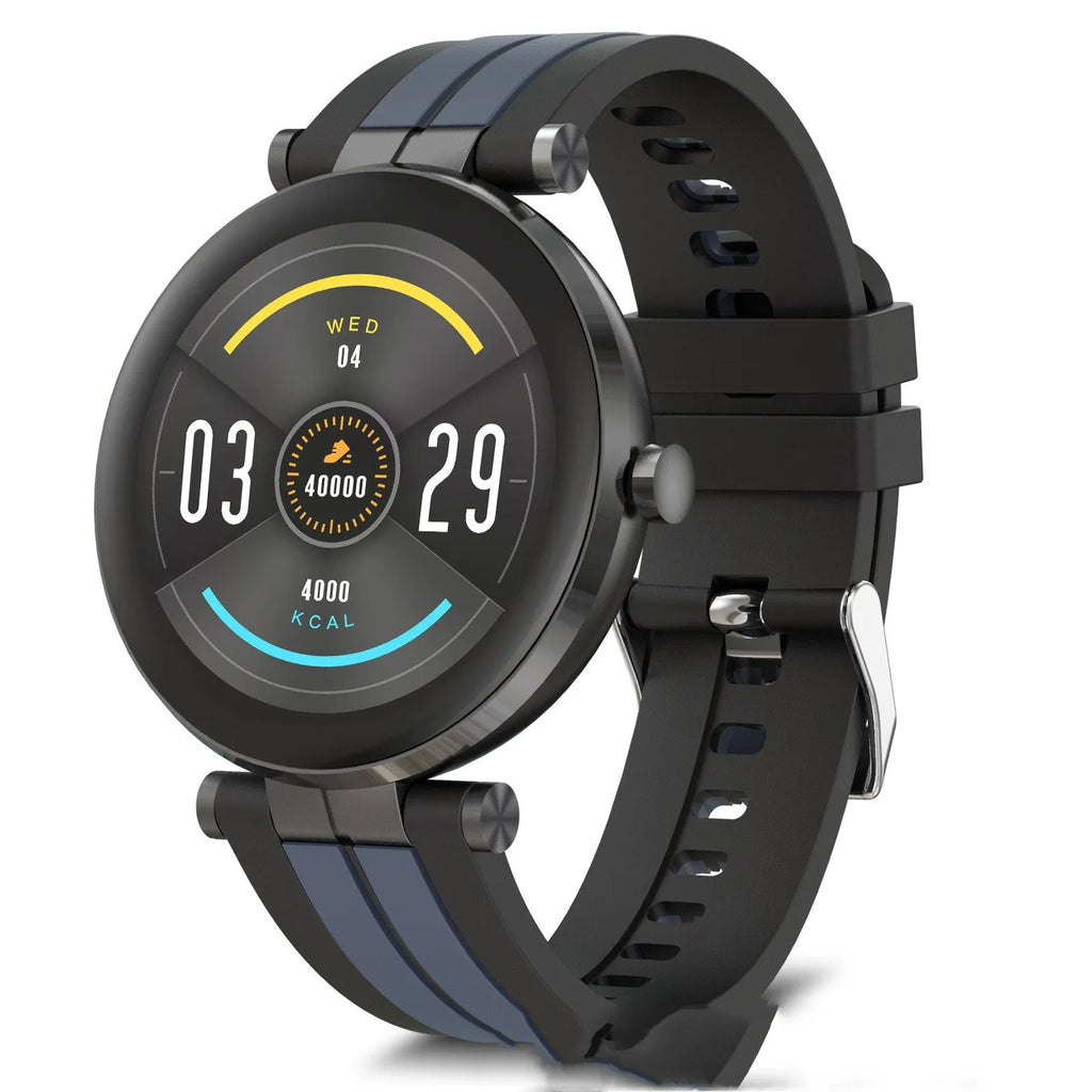 Smart watch with blood pressure monitor on a wrist, showing a black silicone strap and a silver case.