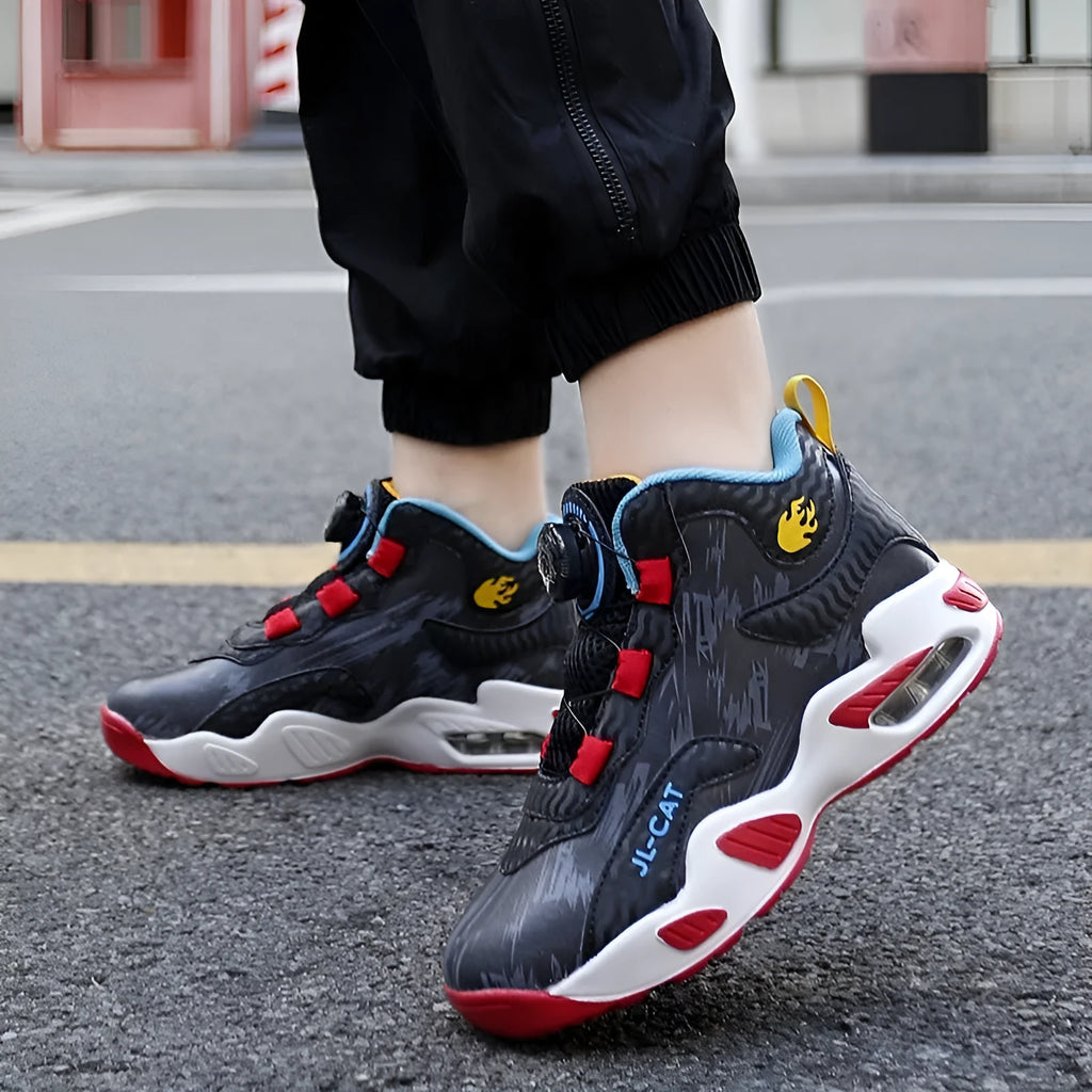 Children's rotating button basketball shoes in multiple colours with a synthetic leather upper and PU sole.