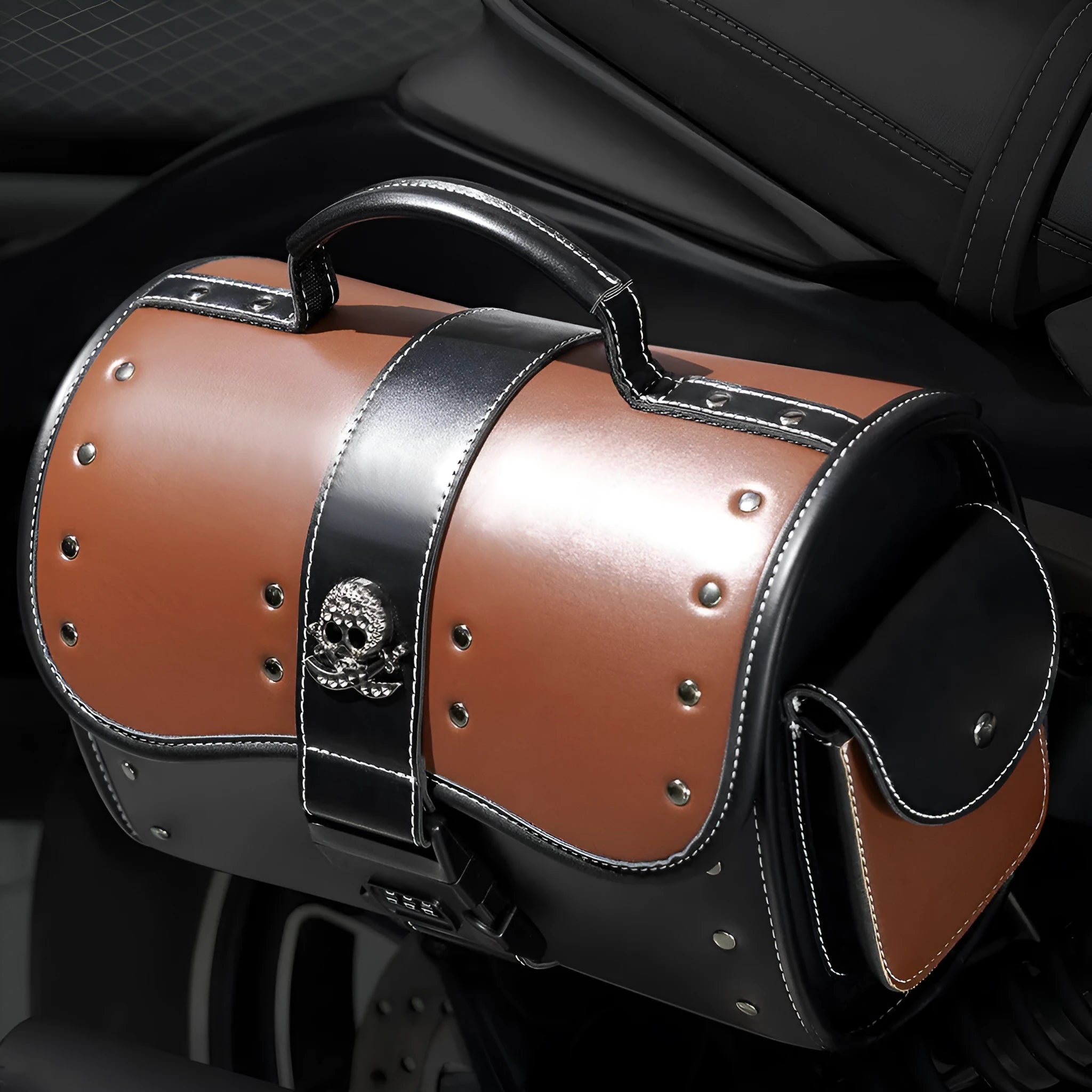 PU leather motorcycle front bag with colour contrast patchwork design mounted on handlebars