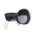 Small folding round metal ice stove with grill mesh, leg, and storage bag for portable barbecues.