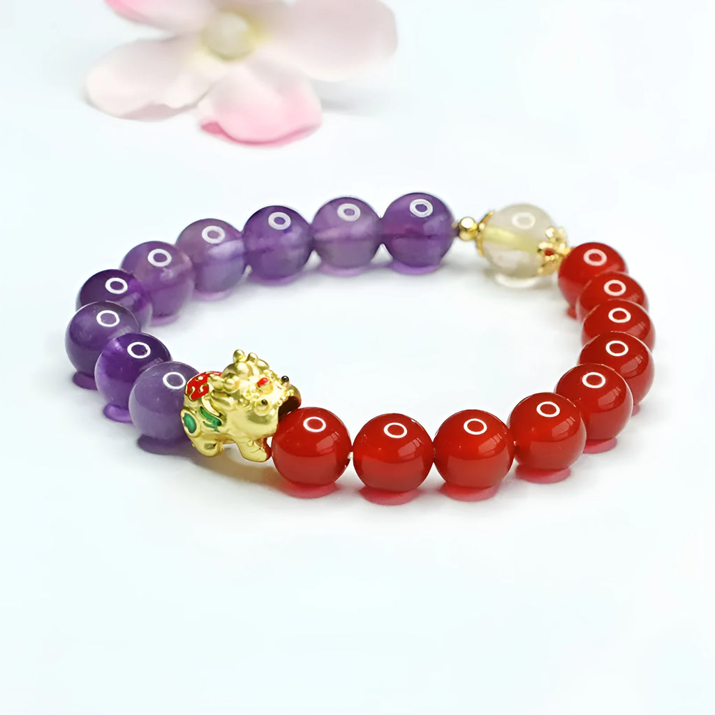 Amethyst and red agate Chinese style bracelet with 8mm beads.