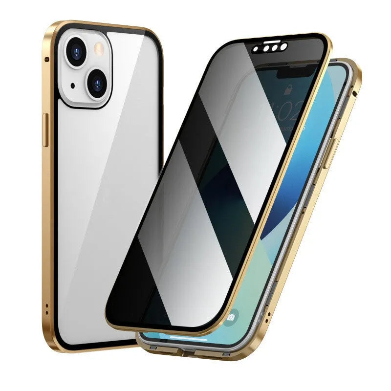 Black Magneto privacy phone case with metal frame for iPhone, showing anti-peep screen protector.