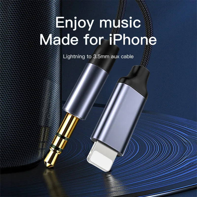 Nylon braided audio cable in silver and black, showing 3.5mm connectors, with length options of 0.5m, 1m, and 1.5m.