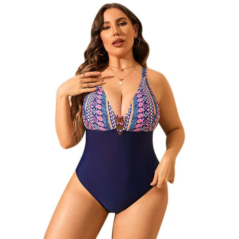 Plus size women's leopard print one-piece swimsuit with V-neck and cover belly design
