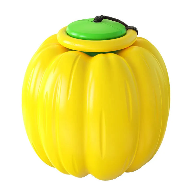 Orange plastic pumpkin-shaped dog chew toy with squeaker on a green background