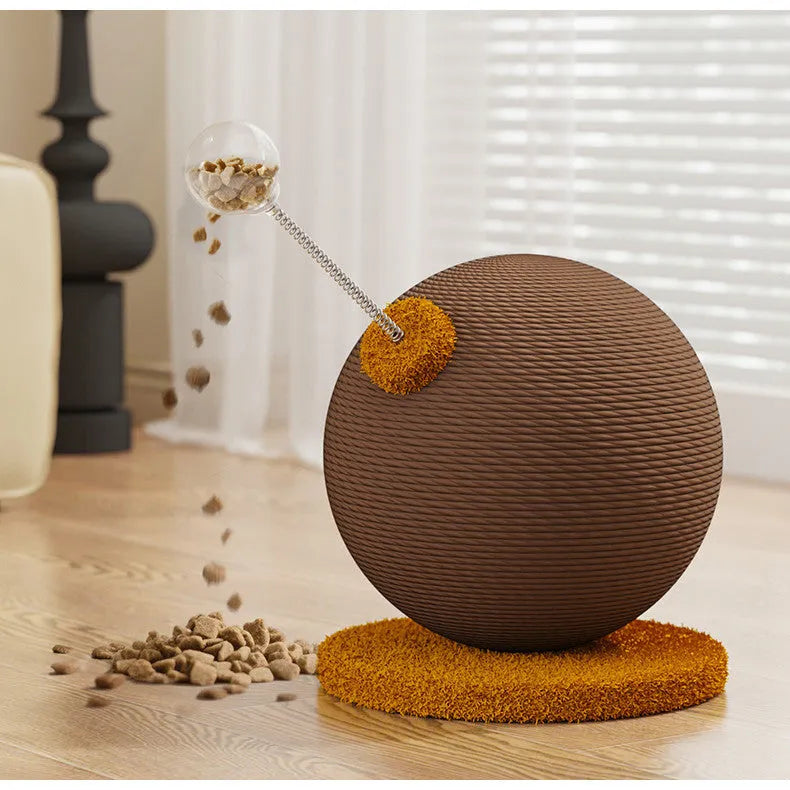A hemp rope cat scratch board showing large and small size options with either a tumbler or cat grasping ball toy attached.