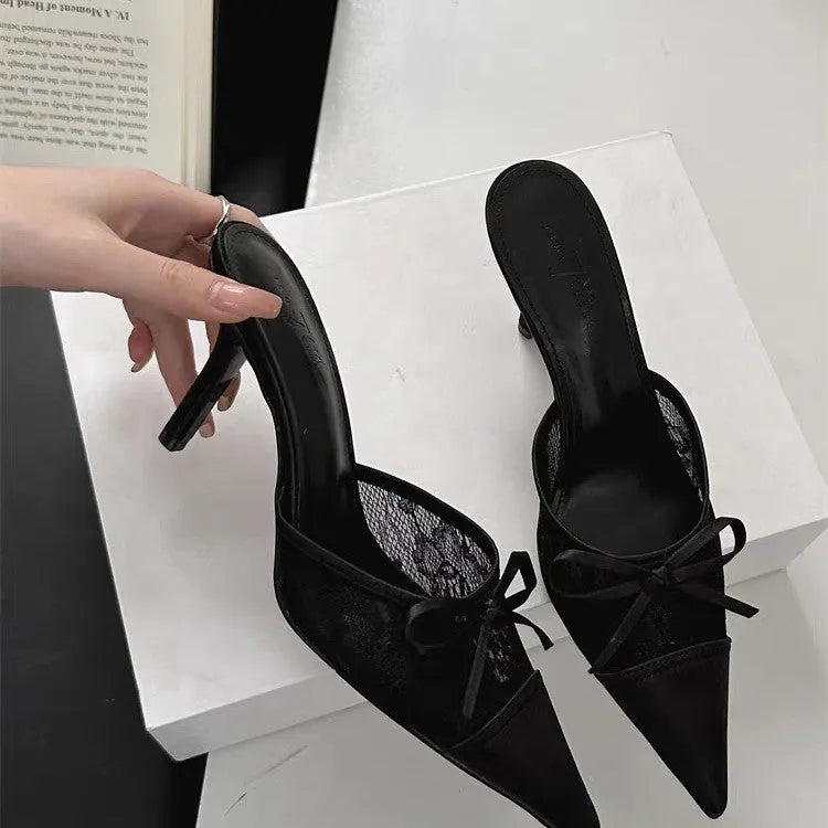 Women's lace and bowknot pointed toe high heels in mesh with microfiber lining