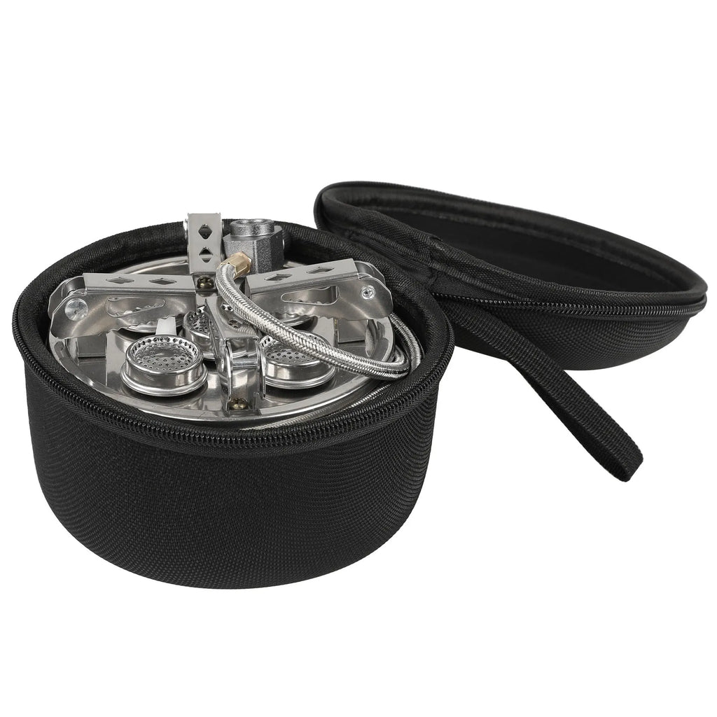 Silver foldable stainless steel and copper split camping stove with a long hose, shown closed for transport.