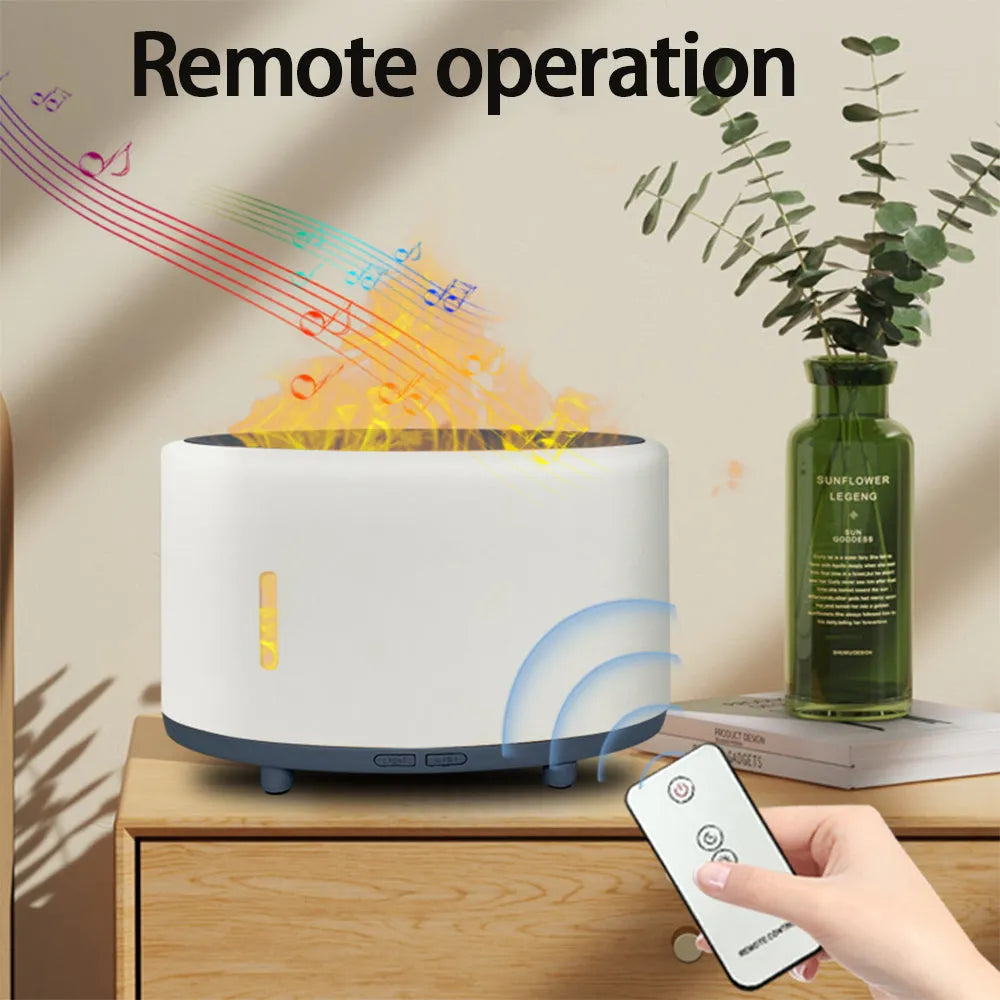 Bluetooth remote controlled humidifier and aromatherapy diffuser with LED flame effect in three colour finishes.