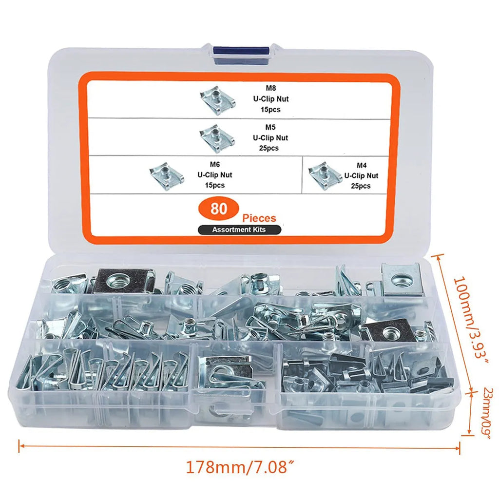 Eighty black carbon steel self-tapping spring nut clips for panel fastening