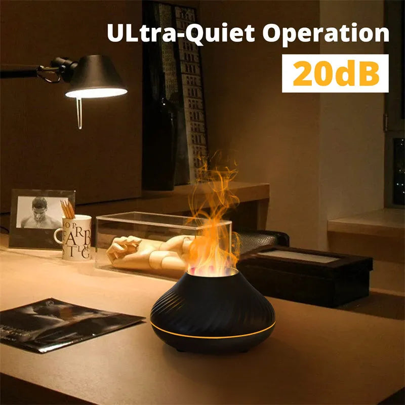 Beige and black aroma diffuser with LED flame lighting and 130ml water capacity