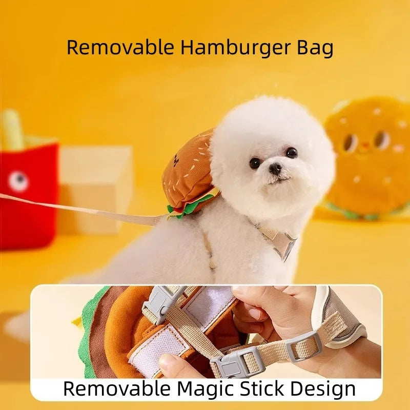 Cartoon hamburger and chips design adjustable vest leash for dogs with backpack.