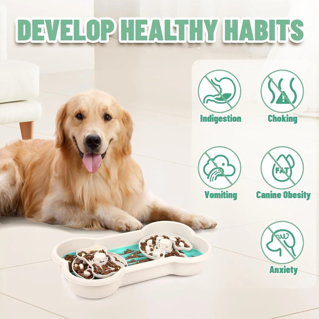 Large green slow feeder dog bowl with puzzle ridges and non-slip base for dry and wet food