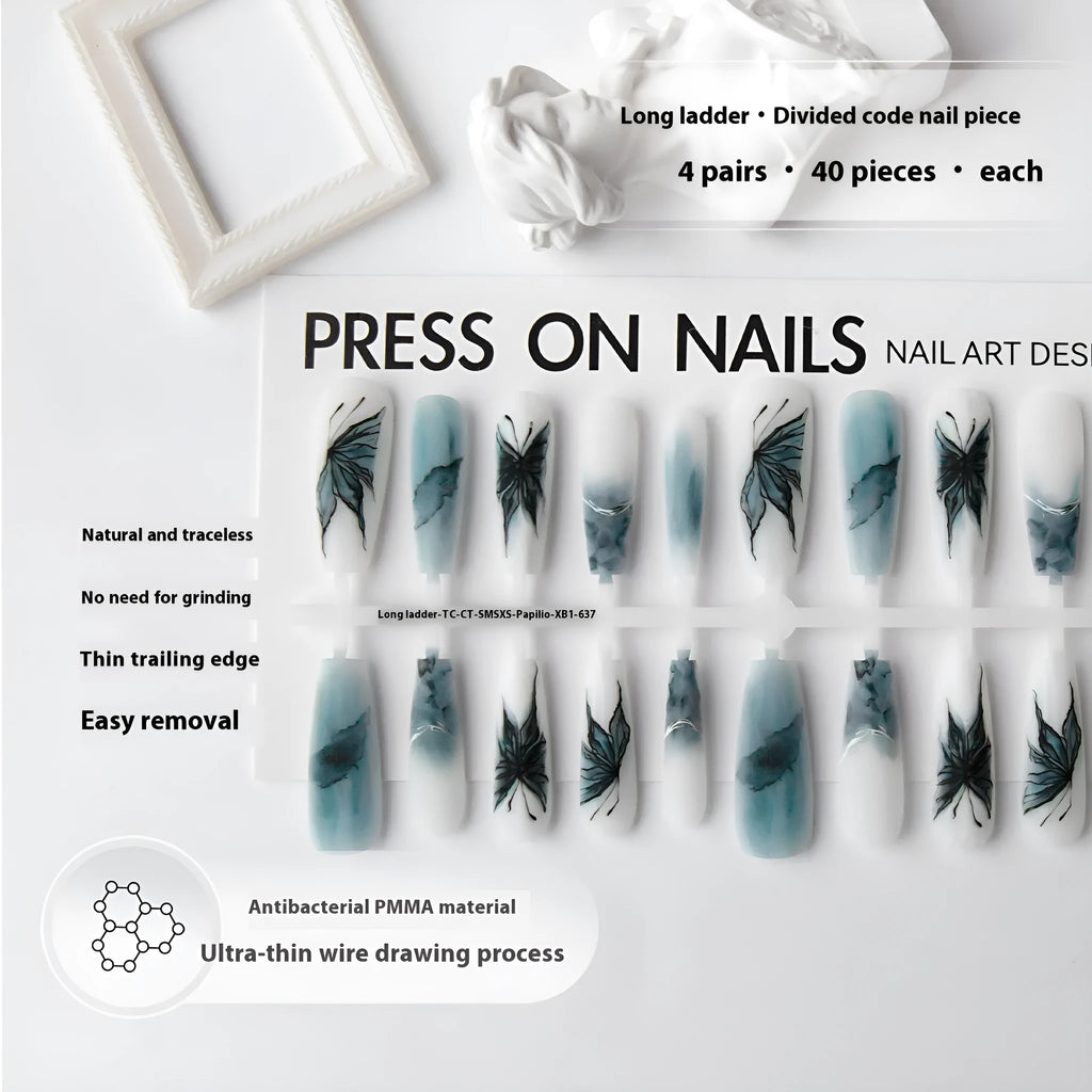 Lan Die XB1-637 long ladder French tip press-on nail stickers, 40pcs set, retro Chinese style for autumn and winter