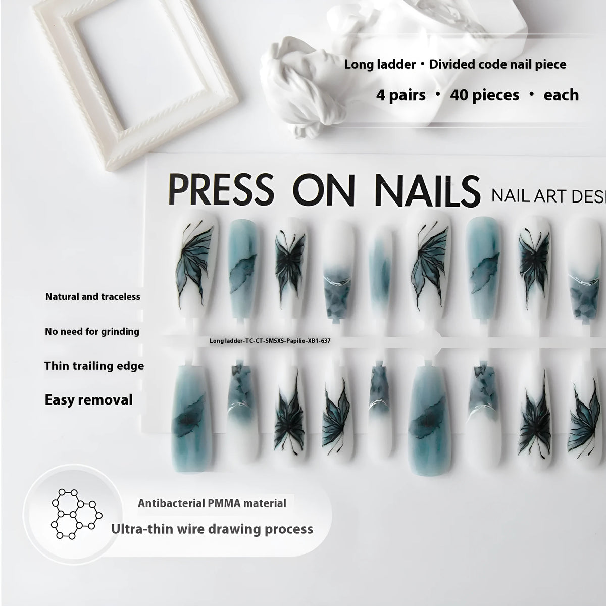 Lan Die XB1-637 long ladder French tip press-on nail stickers, 40pcs set, retro Chinese style for autumn and winter