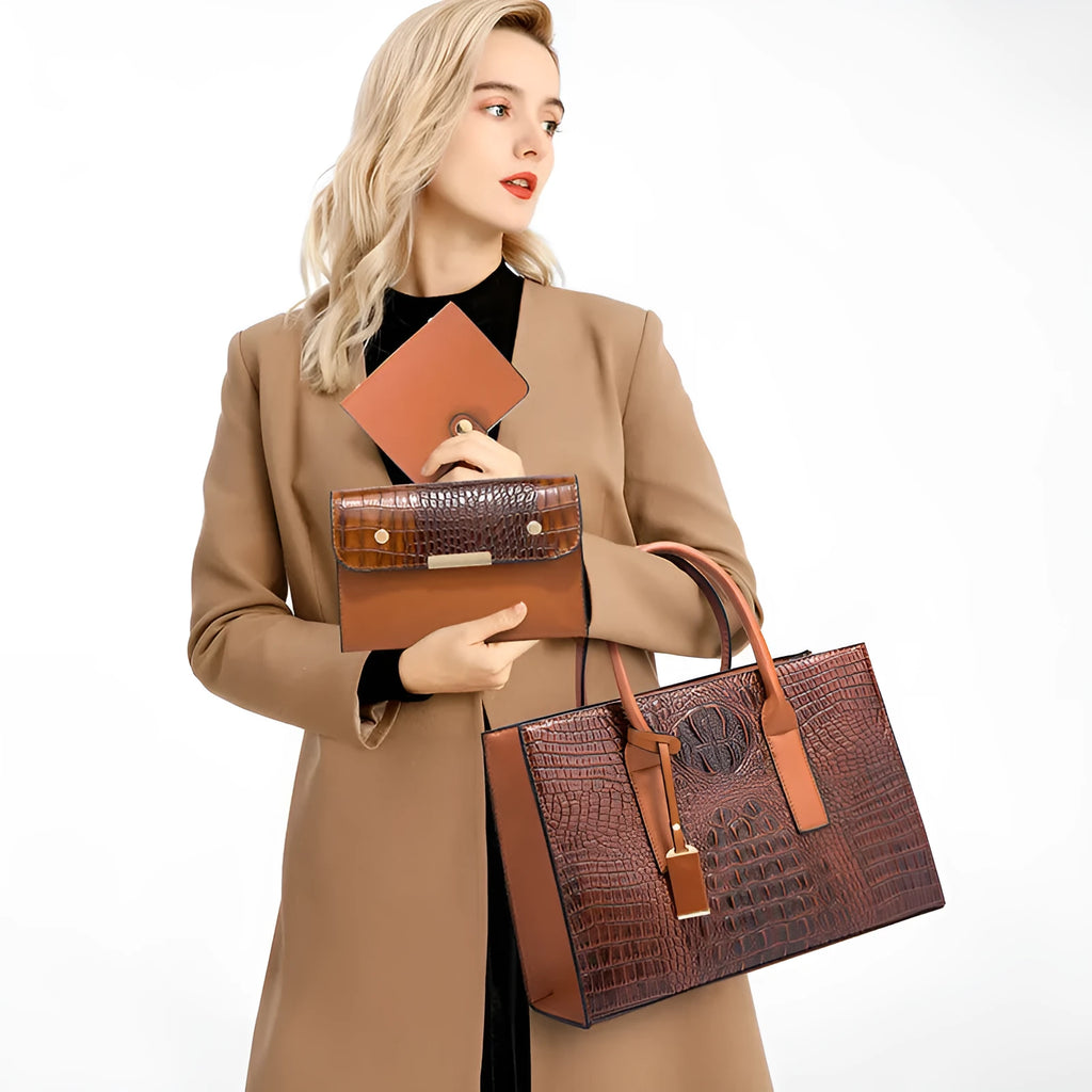 Women's three-piece PU leather handbag set with crocodile pattern in four colour options showing interior zippered compartment