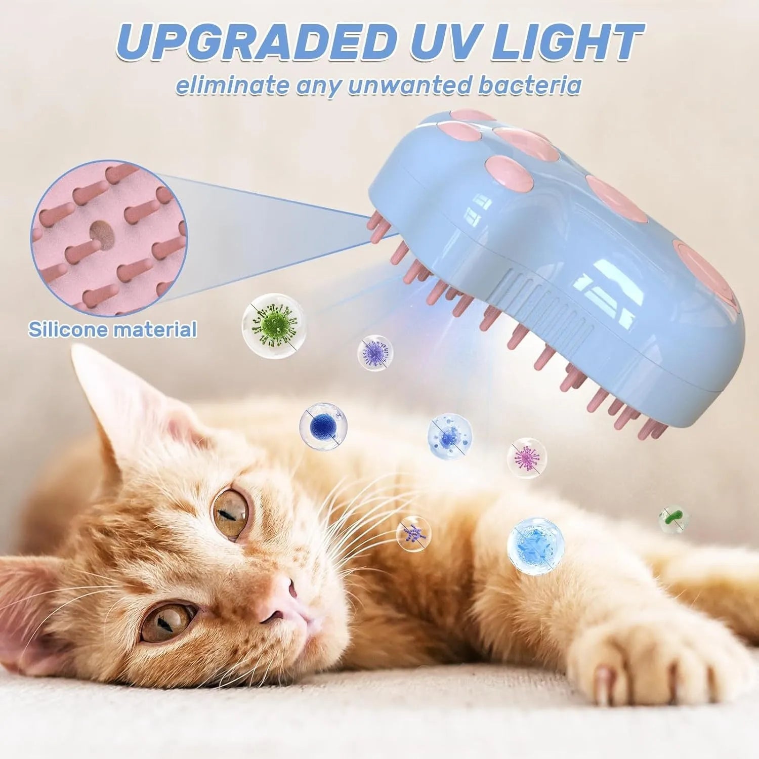 Blue self-cleaning cat steam brush with silicone bristles and spray nozzle