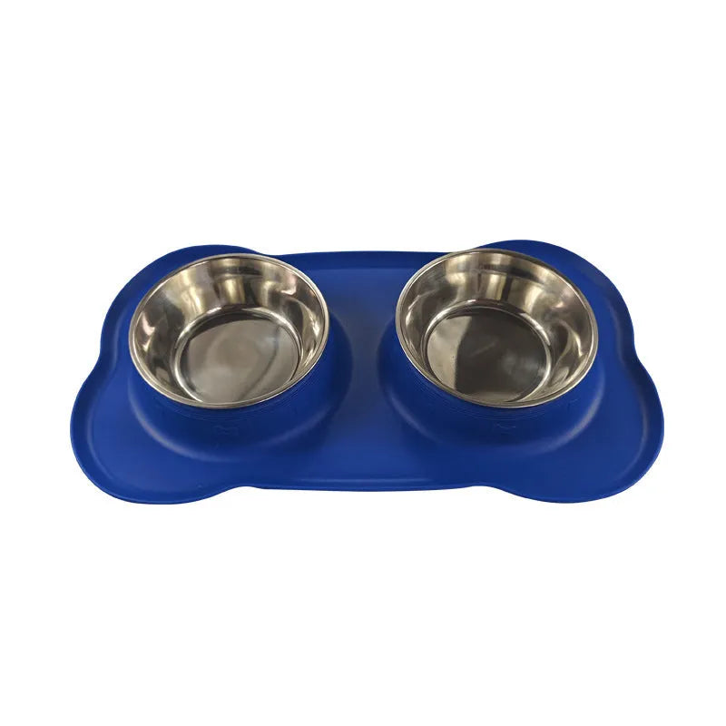 Silicone dog bowl with stainless steel insert in double bowl design, shown in blue colour