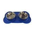 Silicone dog bowl with stainless steel insert in double bowl design, shown in blue colour