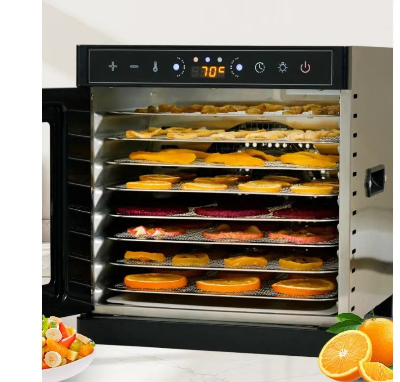 Stainless steel food dehydrator machine with multiple trays and an LED control panel.