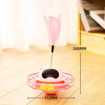 Pink cat tumbler turntable interactive toy with colourful ball inside, dimensions 17cm by 10cm