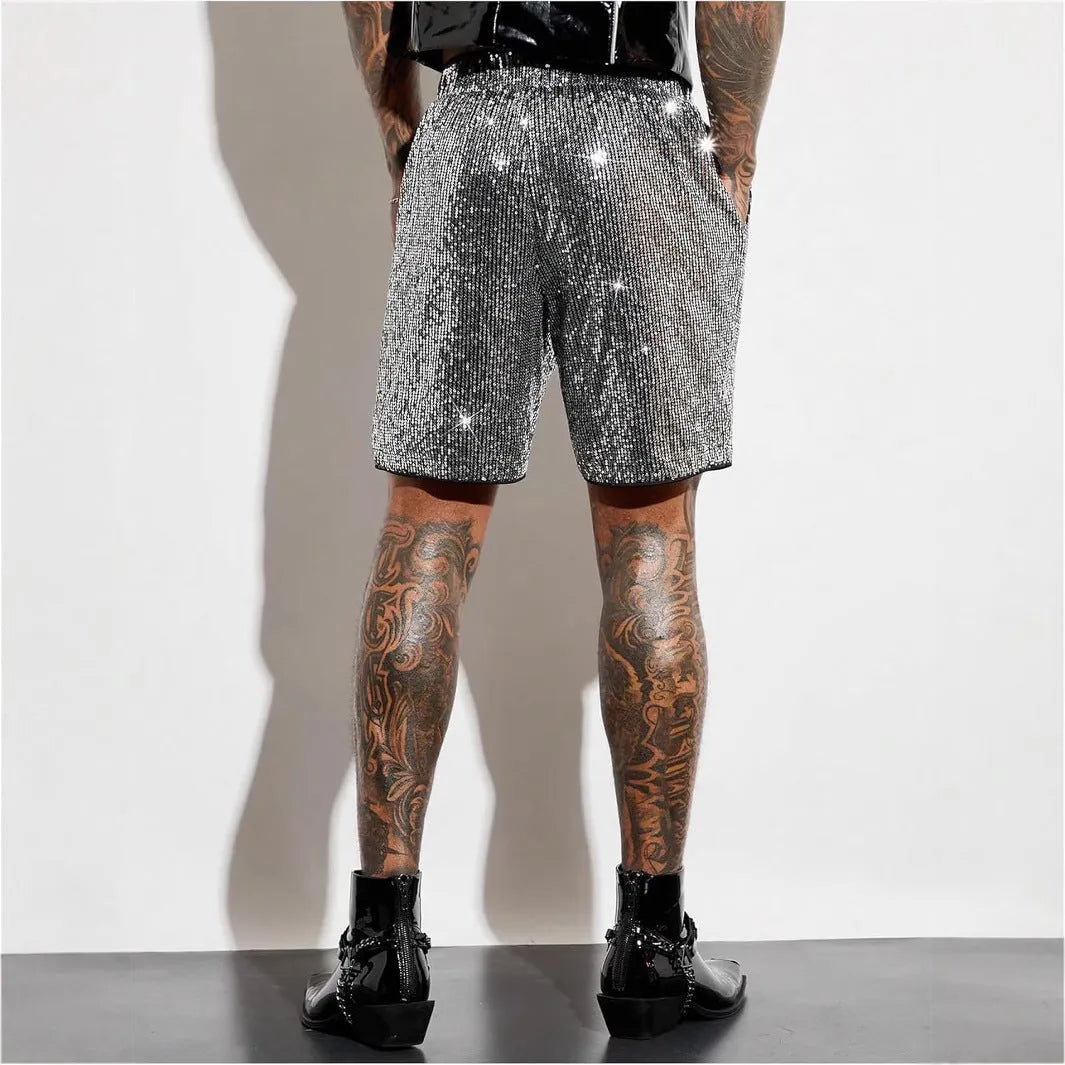 Men's silver and black sequin shorts with straight cut design and medium elastic waistband
