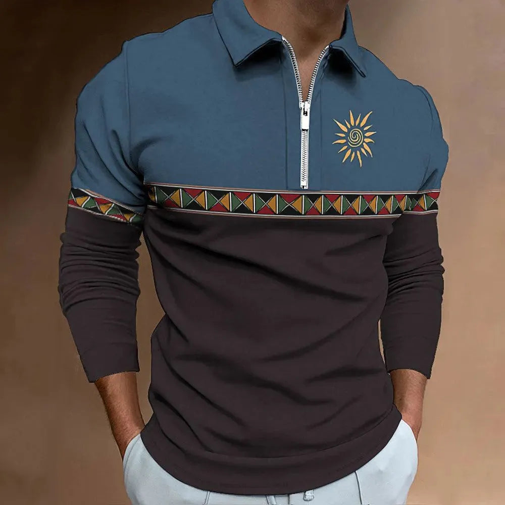 Man wearing a loose-fit long sleeve t-shirt with retro colour printing and zipper details.