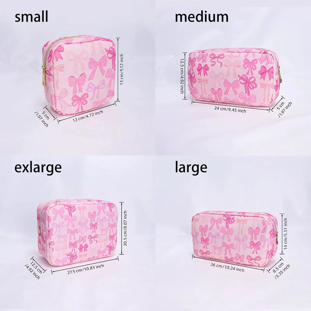 Printed nylon cosmetic bag in pink bow, pink stripes, blue or white with polyester lining and four sizes