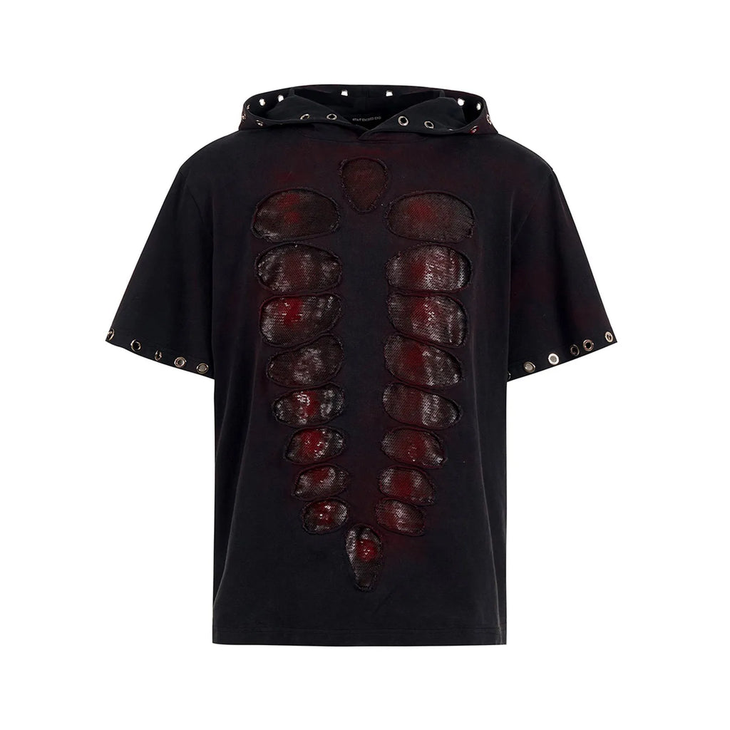 Black hooded men's T-shirt with sequin detailing and loose-fitting short sleeve design