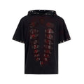 Black hooded men's T-shirt with sequin detailing and loose-fitting short sleeve design
