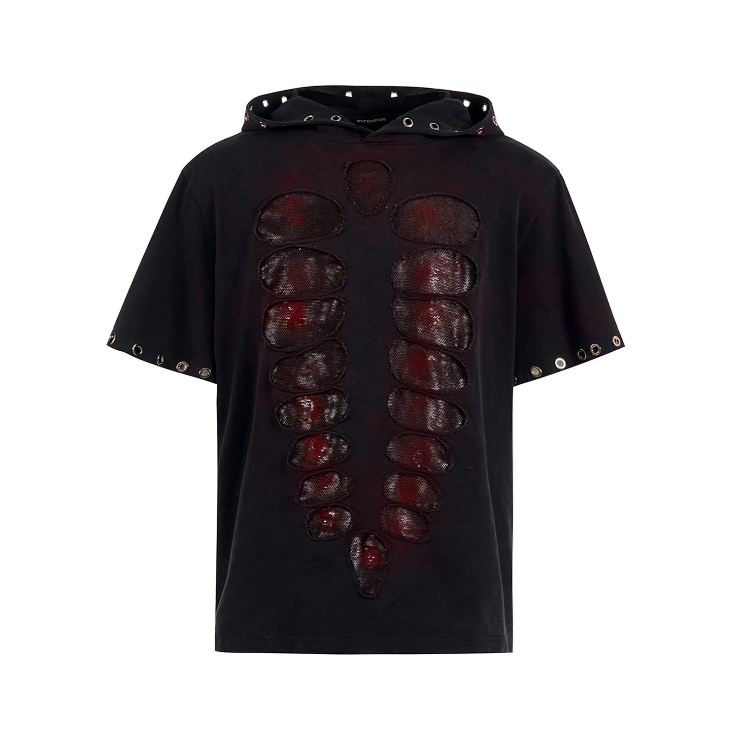 Black hooded men's T-shirt with sequin detailing and loose-fitting short sleeve design