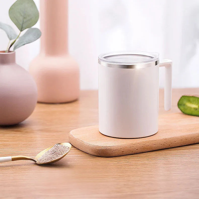 Portable automatic mixing coffee cup with magnetic stirring and stainless steel interior
