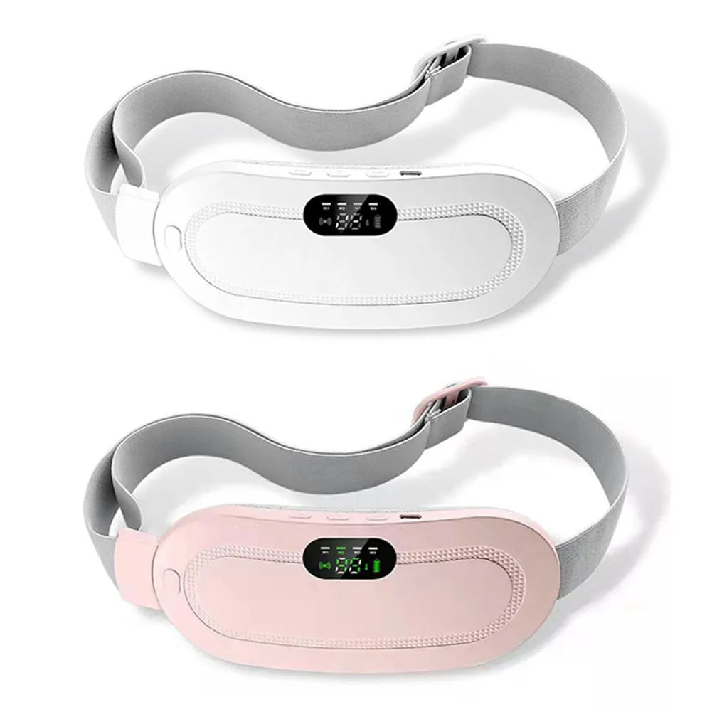 Pink menstrual heating pad with controller displaying temperature settings and vibration options