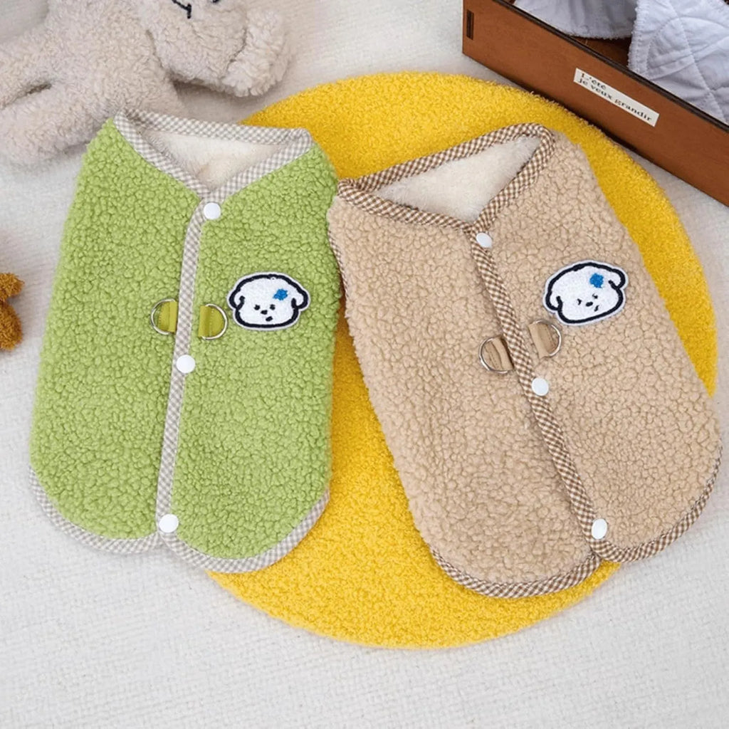 Green coral fleece dog sweatshirt vest on a small dog, showing the collar leash ring.