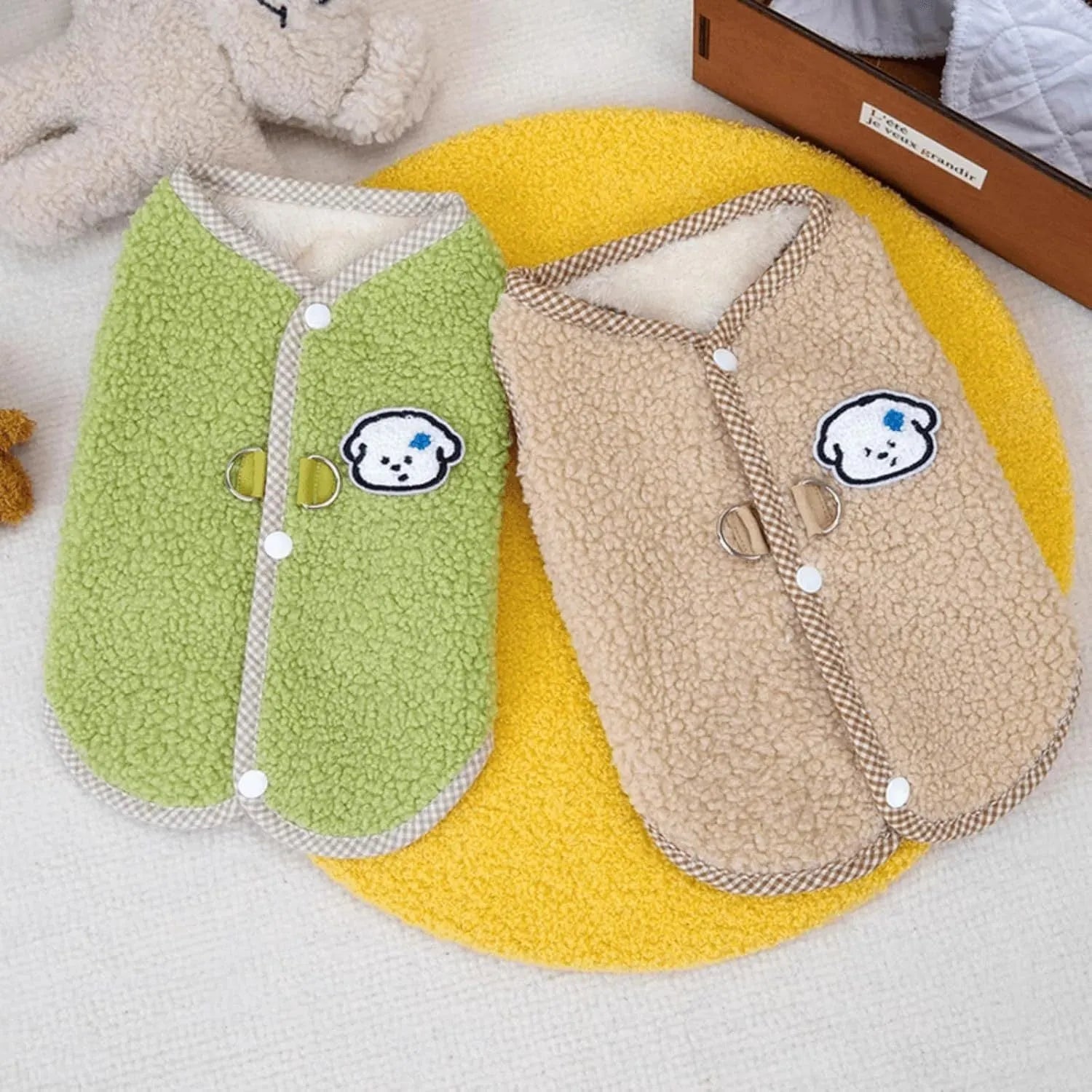 Green coral fleece dog sweatshirt vest on a small dog, showing the collar leash ring.