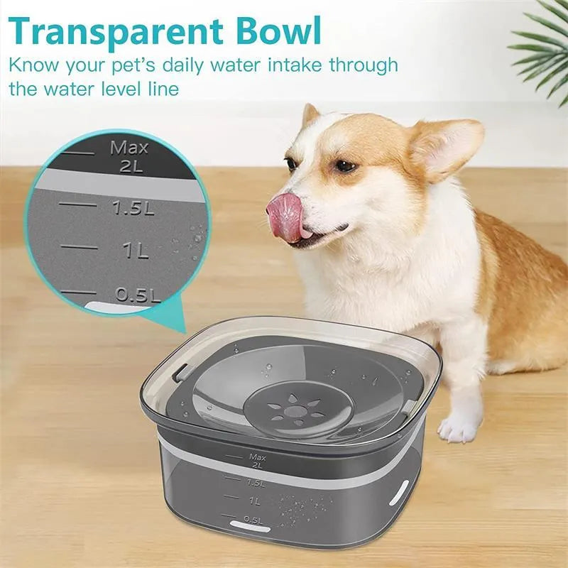 Transparent large 2-litre dog water bowl with floating slow drink disc on a non-slip base.