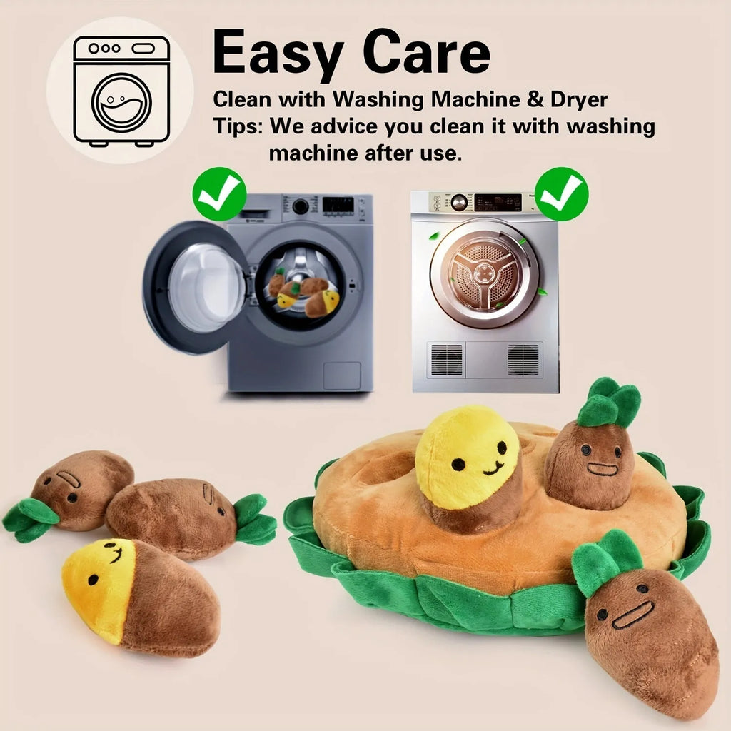 Yellow interactive dog puzzle toy with removable squeaky plush toys on polyester foraging pad