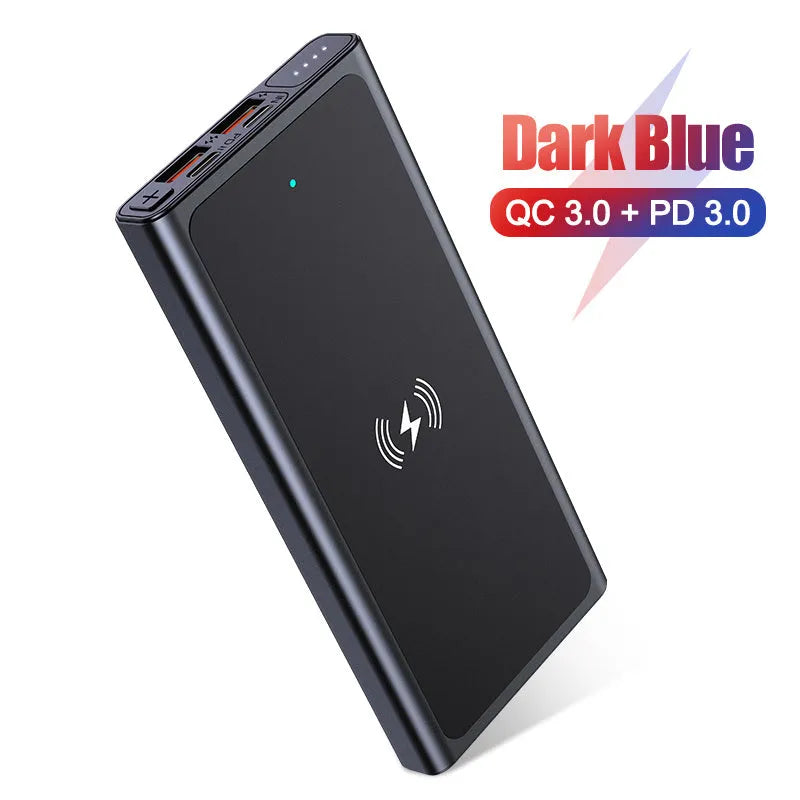 Black and blue square aluminium 10000mAh power bank with wireless charging function