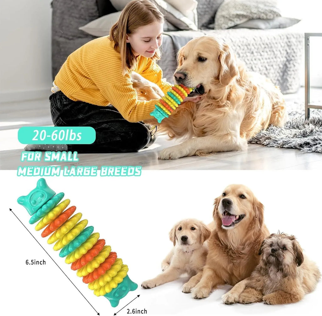 Blue rubber caterpillar-shaped dog chew toy measuring 17cm long with uneven biting surface