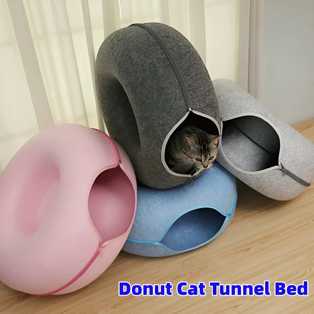 Round felt donut cat tunnel bed in light grey with open entrance, suitable for indoor cats