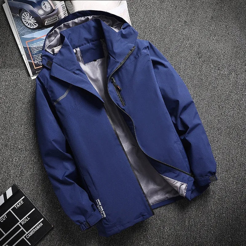 Outdoor casual thin waterproof hooded jacket in navy blue, loose fit polyester spring autumn coat