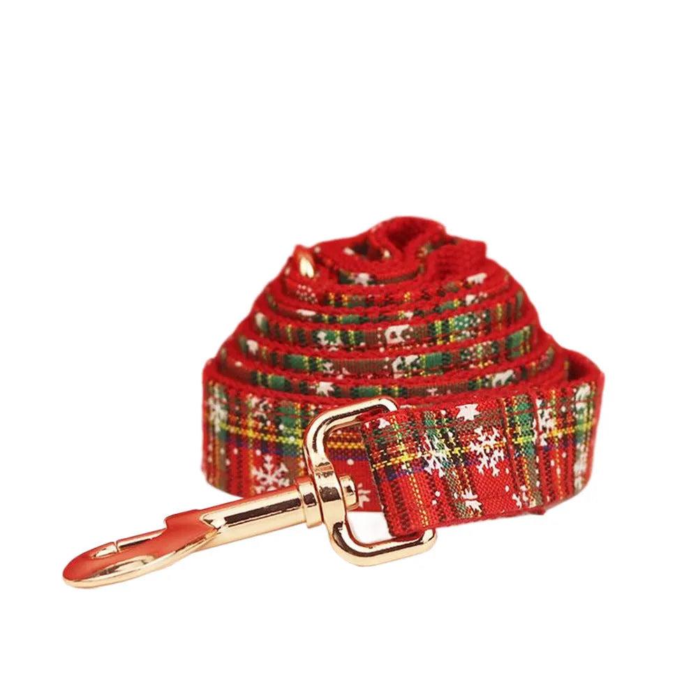 Christmas pet collar and leash set with plaid rope and festive dog vest showing snowflake bowknot flowers on red background