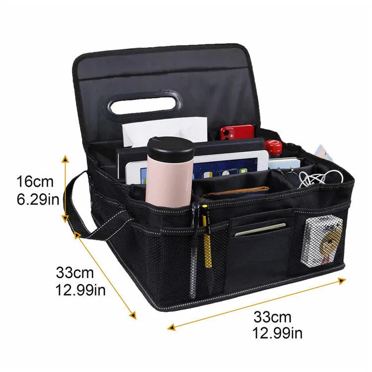 Black oxford cloth car boot storage box organiser measuring 33cm by 33cm by 16cm.
