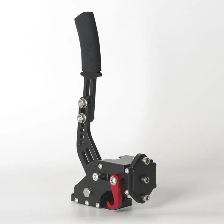 Aluminium linear handbrake for PC sim racing, compatible with Logitech and Thrustmaster wheels, in red, blue, or black.