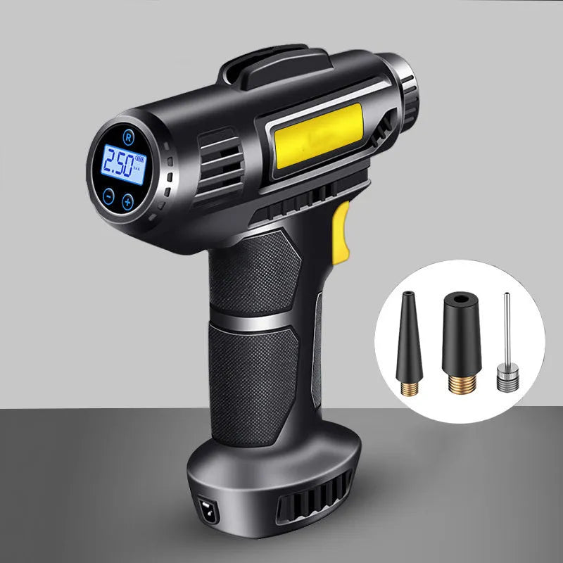 Black wireless digital display car tire air pump with USB charging cable and three nozzles on a grey background.