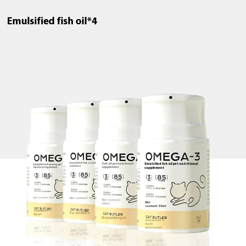Cat Butler Pet Fish Oil bottle with Omega3, krill oil, and astaxanthin supplement for cats