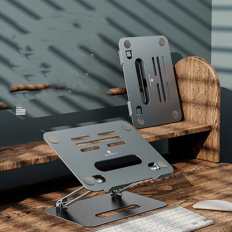 Grey silver aluminium alloy double-layer desktop computer stand with heat sink on a desk