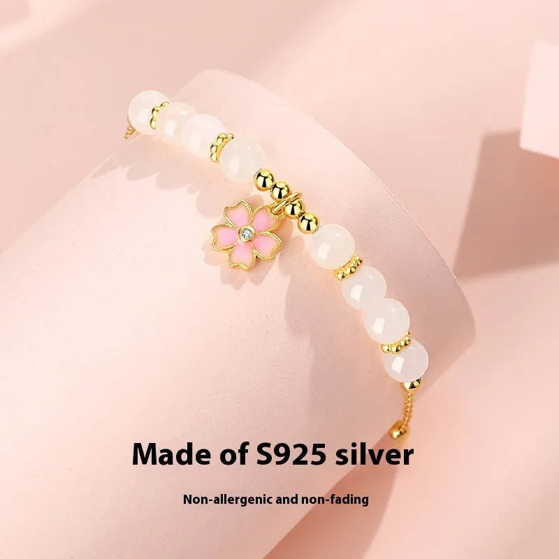 S925 silver bracelet with gradient pink cherry blossom epoxy pendant and Hetian jade beads