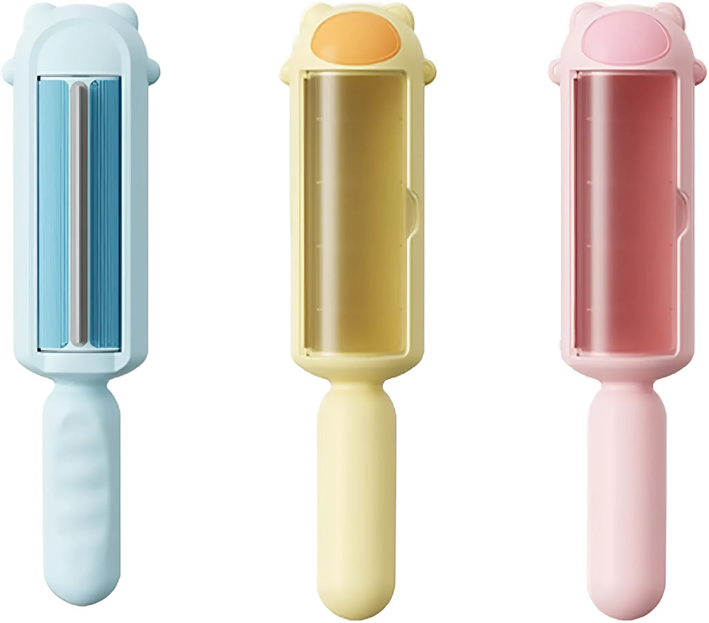 Blue reusable pet hair remover tool with a self-cleaning base for furniture and car seats.